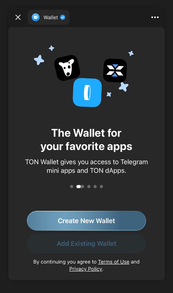Telegram Wallet screen with the “Create New Wallet” button